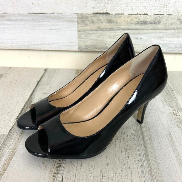 Cole Haan Women’s 7.5 Black Patent Leather Peep Toe Pumps Heels shoes New - Picture 1 of 8